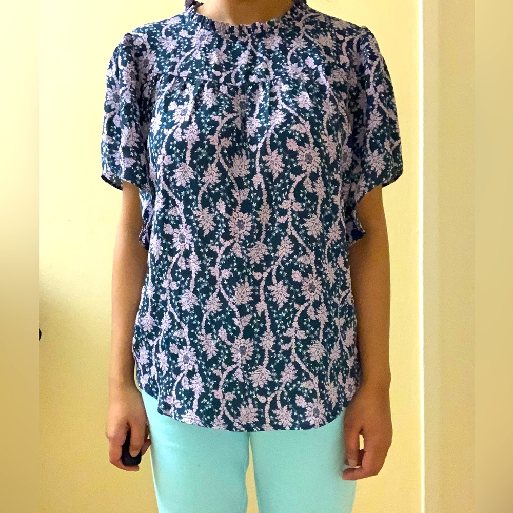 Floral Mixed Media Ruffle Neck Top